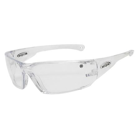 A pair of clear lens safety glasses with a polycarbonate frame, featuring anti-fog and anti-scratch coating.