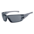 A pair of black sunglasses with a polycarbonate frame and smoke-colored lenses.