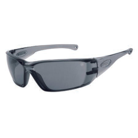 A pair of black sunglasses with a polycarbonate frame and smoke-colored lenses.