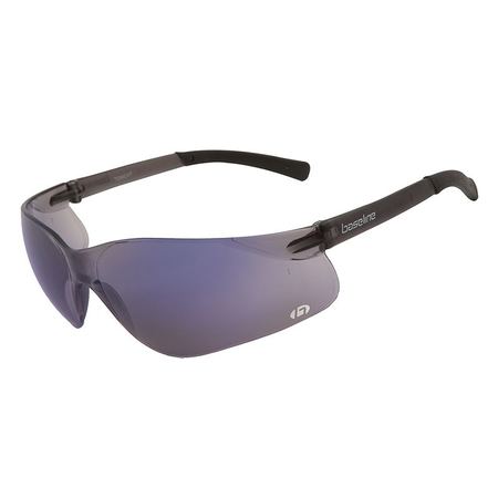 A pair of safety glasses with blue mirror lenses and a black frame.