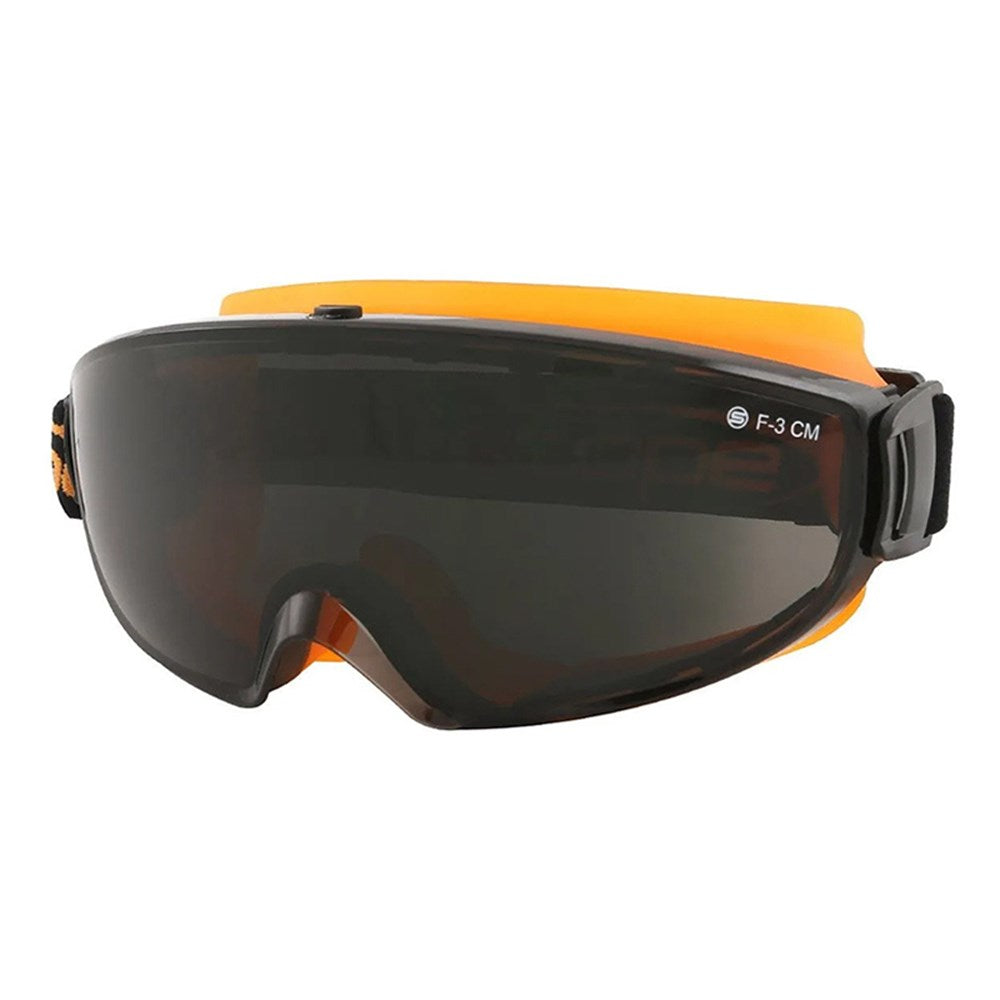 A pair of protective eyewear with an orange frame and smoke lens, featuring a soft TPV seal and an adjustable head strap.