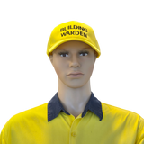 Mannequin wearing a yellow 'Building Warden' cap and shirt on a white background