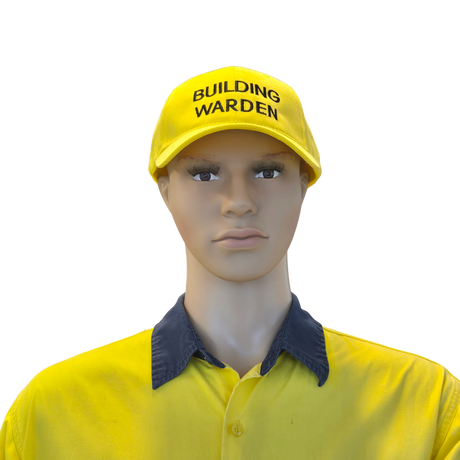 Mannequin wearing a yellow 'Building Warden' cap and shirt on a white background