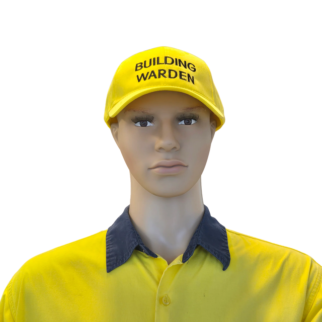Mannequin wearing a yellow 'Building Warden' cap and shirt on a white background