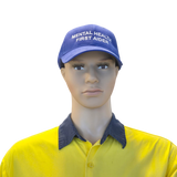Mannequin head wearing a blue cap with 'Mental Health First Aider' text and a yellow shirt.