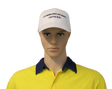 Mannequin wearing a yellow shirt with a navy collar and a beige cap labeled 'Communications Officer' on a white background