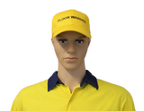 Mannequin wearing a yellow 'Floor Warden' cap and shirt on a white background