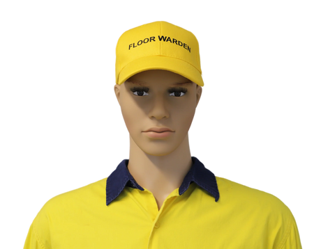 Mannequin wearing a yellow 'Floor Warden' cap and shirt on a white background
