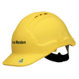 Yellow hard hat with 'Area Warden' text on a white background