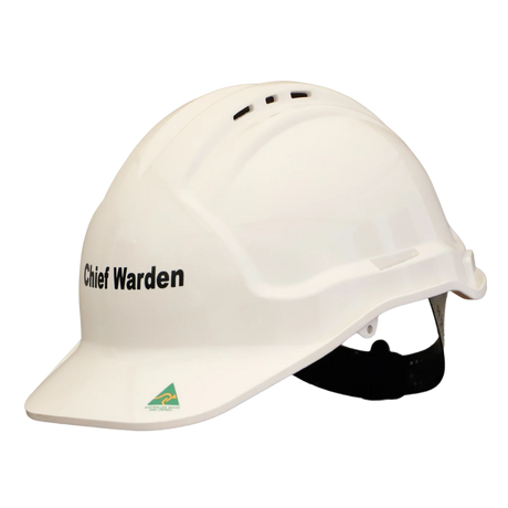 White helmet with 'Chief Warden' text on a white background