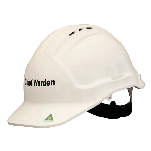 White helmet with 'Chief Warden' text on a white background