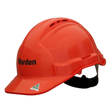 Red hard hat with 'Warden' branding on a white background