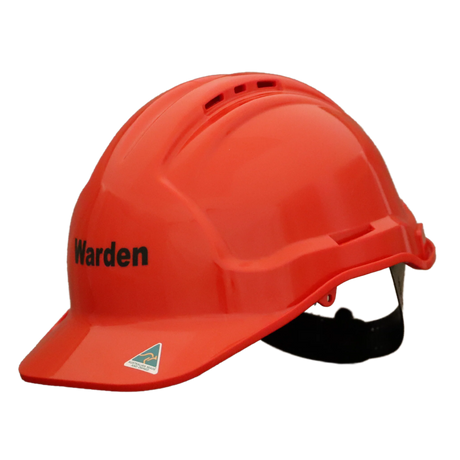 Red hard hat with 'Warden' branding on a white background