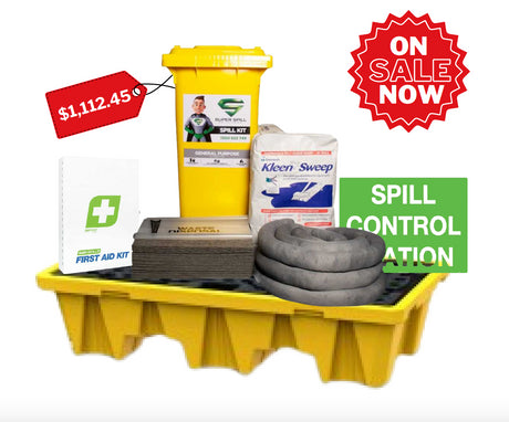 yellow wheelie bin spill kit. green spill control sign, First aid kit, all sitting on top of a yellow spill pallet