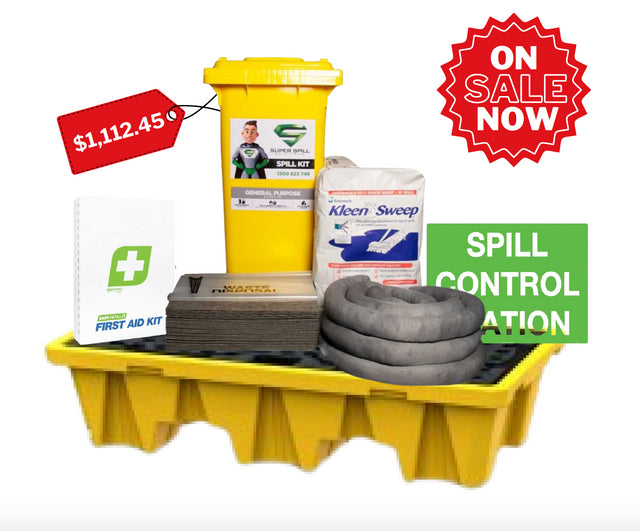 yellow wheelie bin spill kit. green spill control sign, First aid kit, all sitting on top of a yellow spill pallet