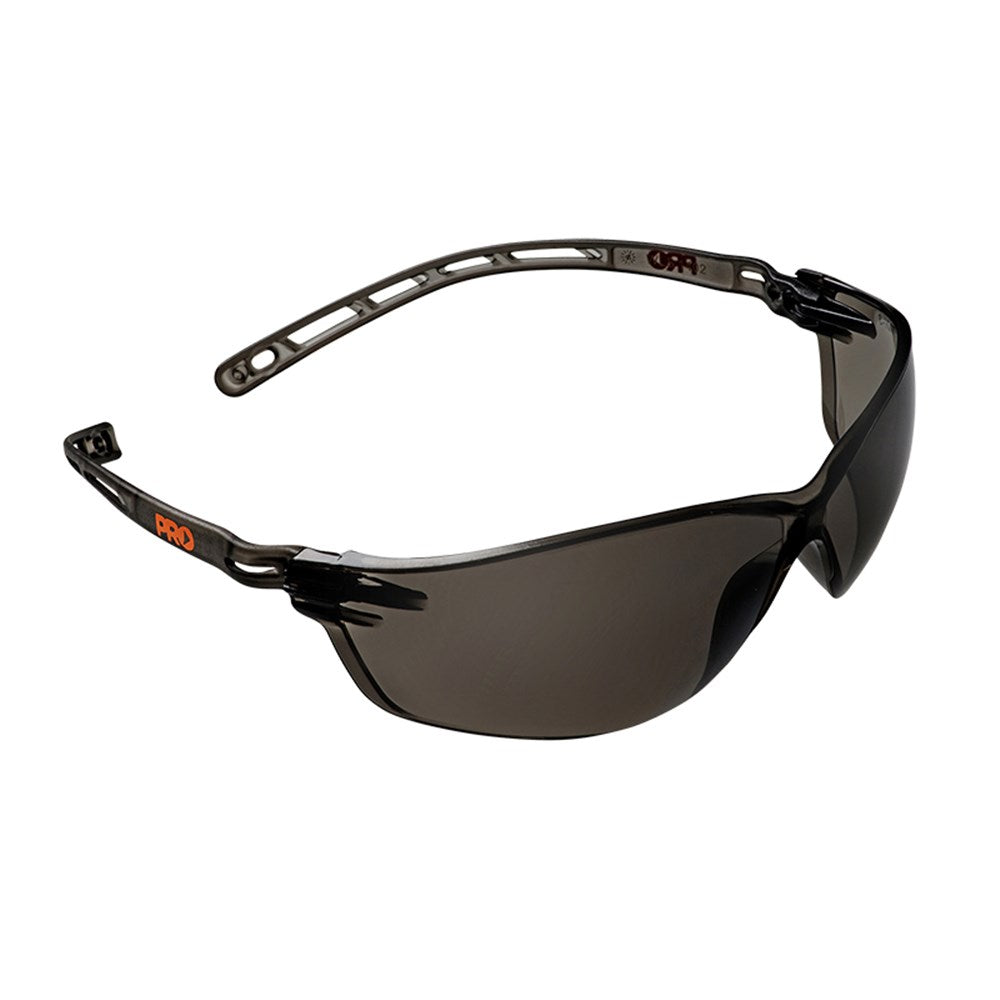 A pair of safety glasses with smoke lenses and a universal nose bridge.