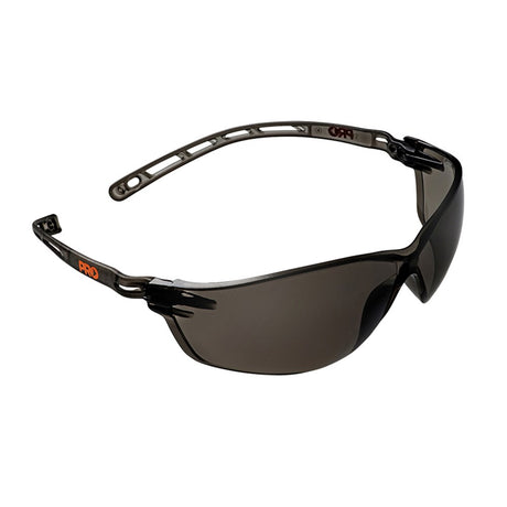 A pair of safety glasses with smoke lenses and a universal nose bridge.