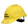 Yellow hard hat with 'Floor Warden' text on a white background