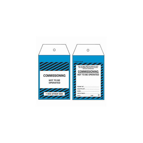 Illustration of two blue and white commissioning tags with the text 'COMMISSIONING NOT TO BE OPERATED' and additional text and details.