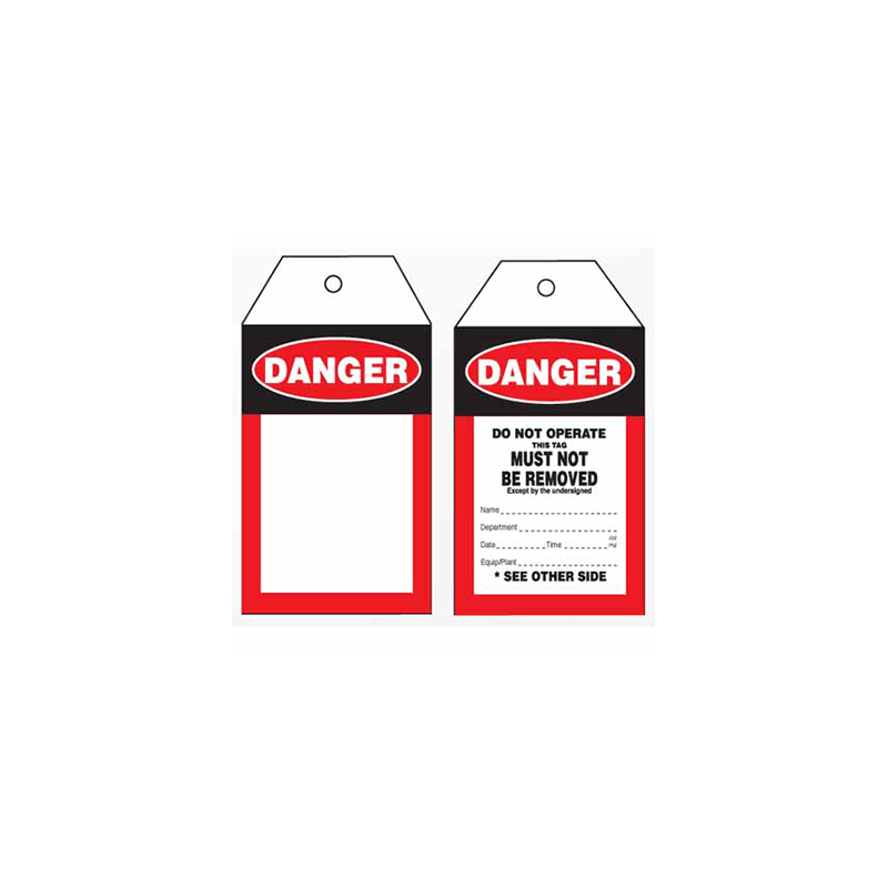 A Danger tag with a white background, featuring the word 'DANGER' in bold black letters on the top, and a red and black tag on the bottom with text that reads 'DANGER DO NOT OPERATE THIS TAG MUST NOT BE REMOVED'.