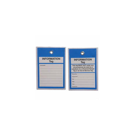 Two blue tamper proof information tags with white text and brass eyelets, encapsulated in clear adhesive film on a white background.