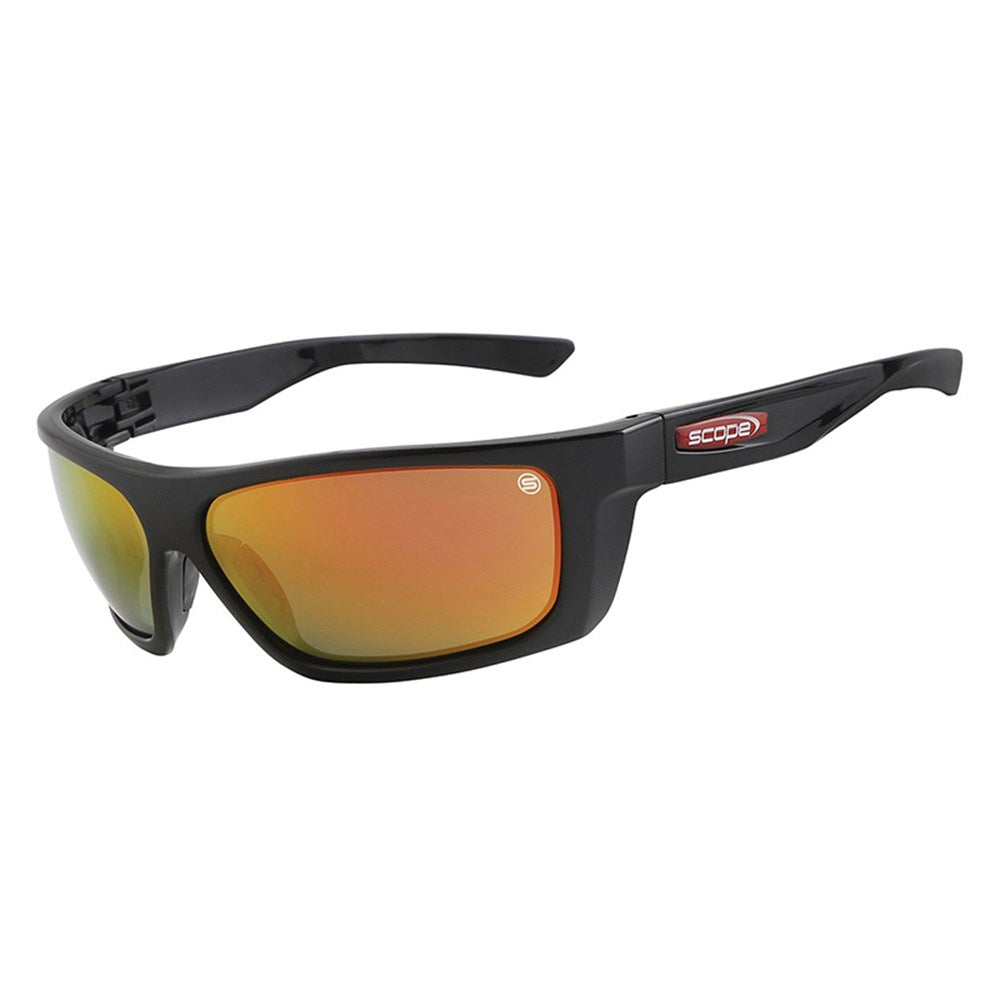 A pair of black frame sunglasses with red mirrored lenses, featuring a wrap-around design and a logo on the side.