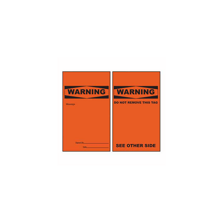 A stack of orange warning tags with black text and brass eyelets, indicating that they are tear-resistant and designed for use in lockout/tagout procedures.